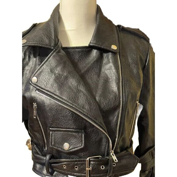 AZALEA WANG Women’s Black Cropped Leather Biker Jacket SZ Medium Glam Rock - Picture 1 of 13